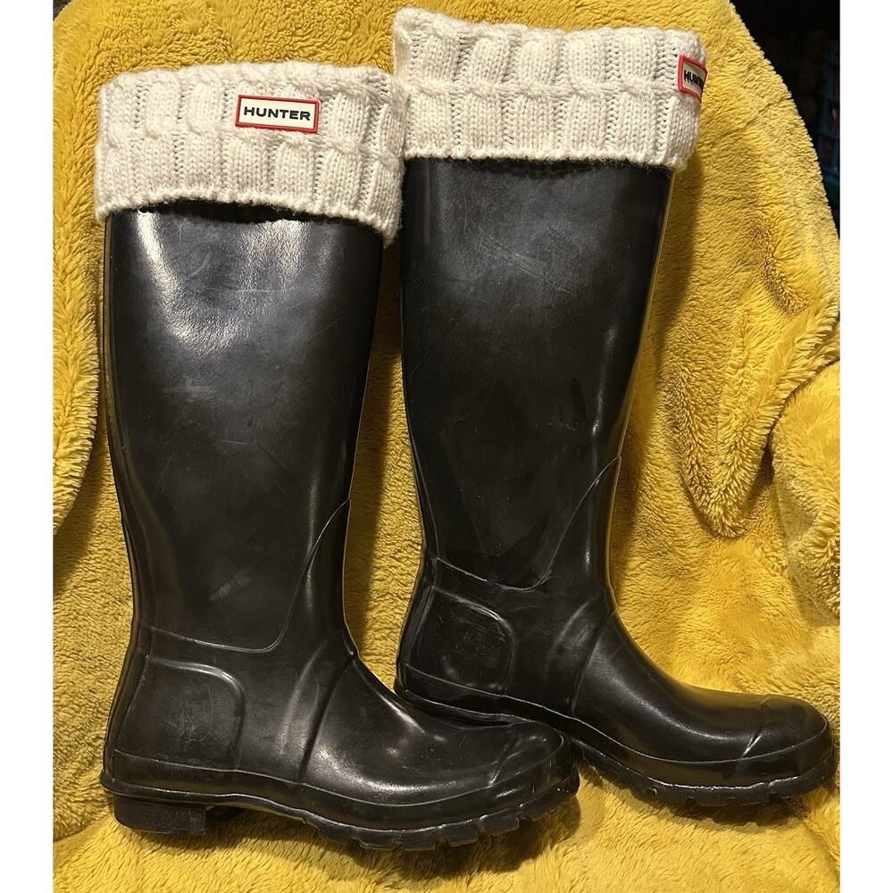 Hunter Ladies 7M Original Tall Wellington Gloss Black Rain Boots Removable Liner